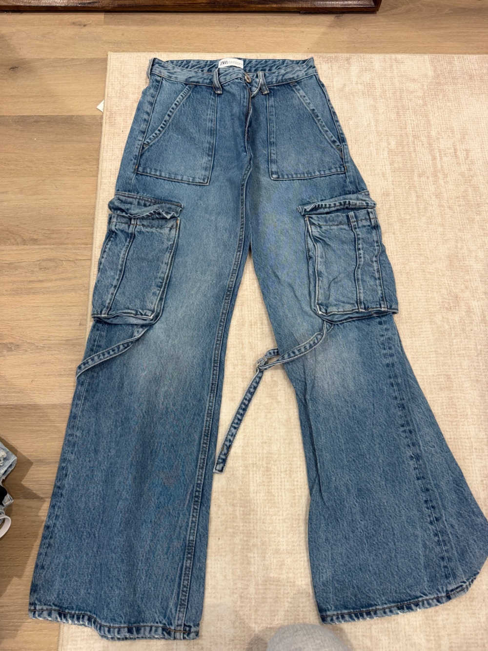 Zara Men's Distressed Blue Wide-Leg Cargo Jeans